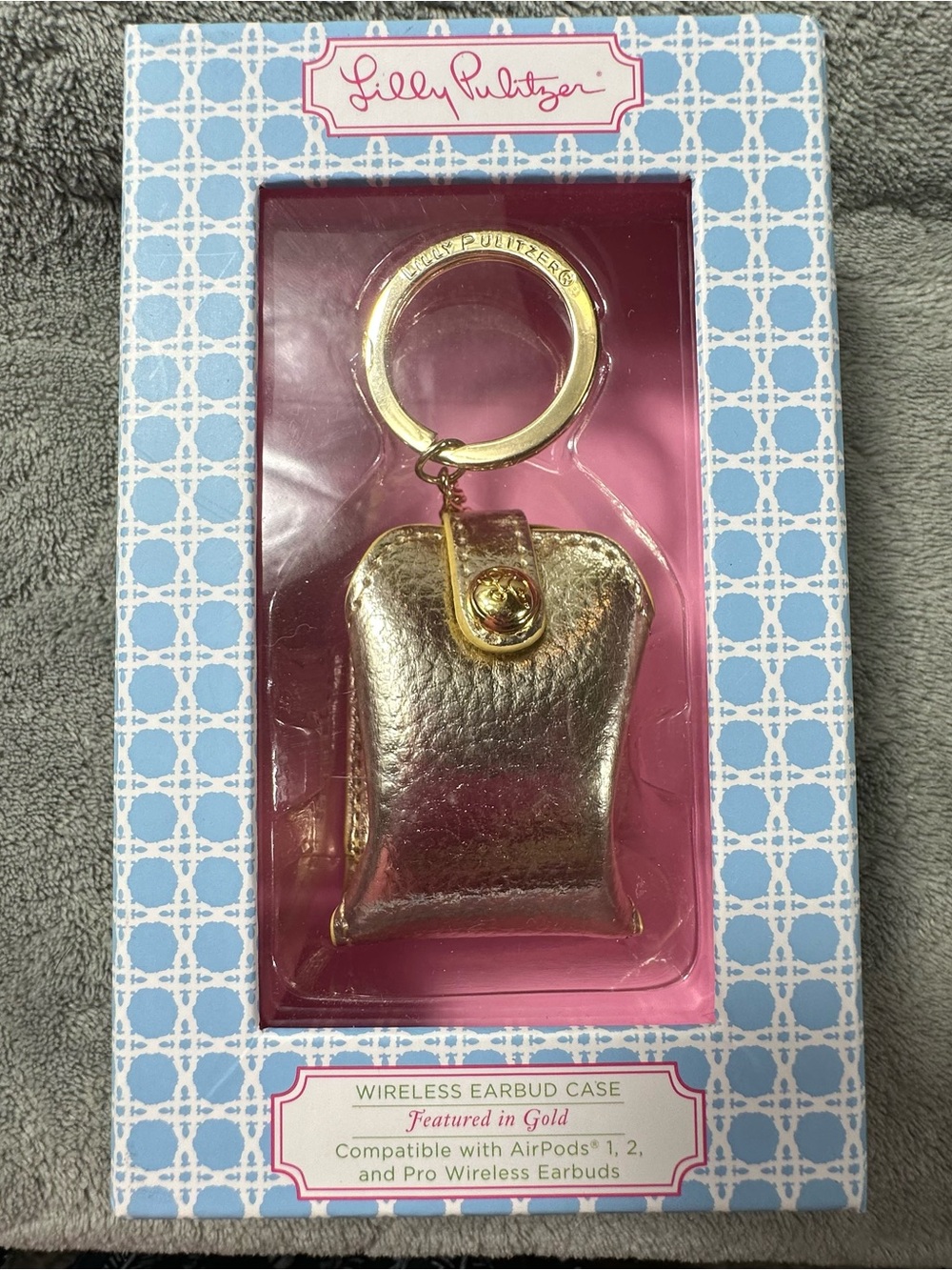 Lilly Pulitzer Metallic Gold Wireless Earbud Keychain Key Ring Case Holder